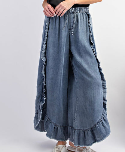 Pantalon en denim de coton délavé bohème printemps été pour femme, ourlet effiloché à volants, bas cloche