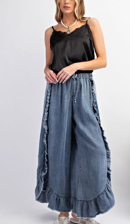 Pantalon en denim de coton délavé bohème printemps été pour femme, ourlet effiloché à volants, bas cloche