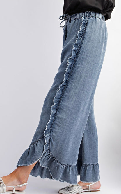 Pantalon en denim de coton délavé bohème printemps été pour femme, ourlet effiloché à volants, bas cloche