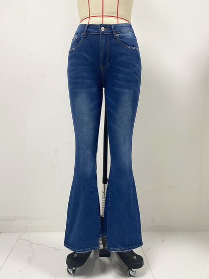 Spring Elastic Mid Waist Flared Jeans Women Slim Women Stretch Denim Trousers