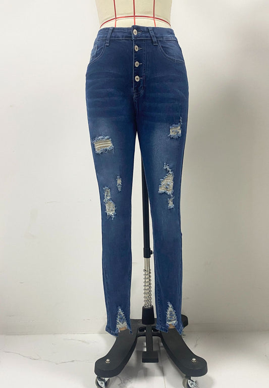 Jean moulant taille haute pour femme, pantalon slim bleu à boutonnage fuselé, pantalon crayon