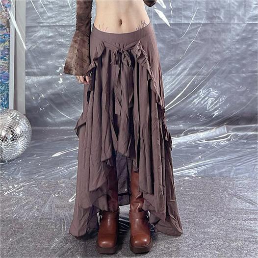 Retro Irregular Asymmetric Wooden Ear Design Long Skirt Women All Matching