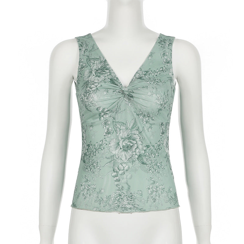 Gilet en maille torsadé à imprimé floral vert menthe avec col en V sexy rétro mince et amincissant sans manches