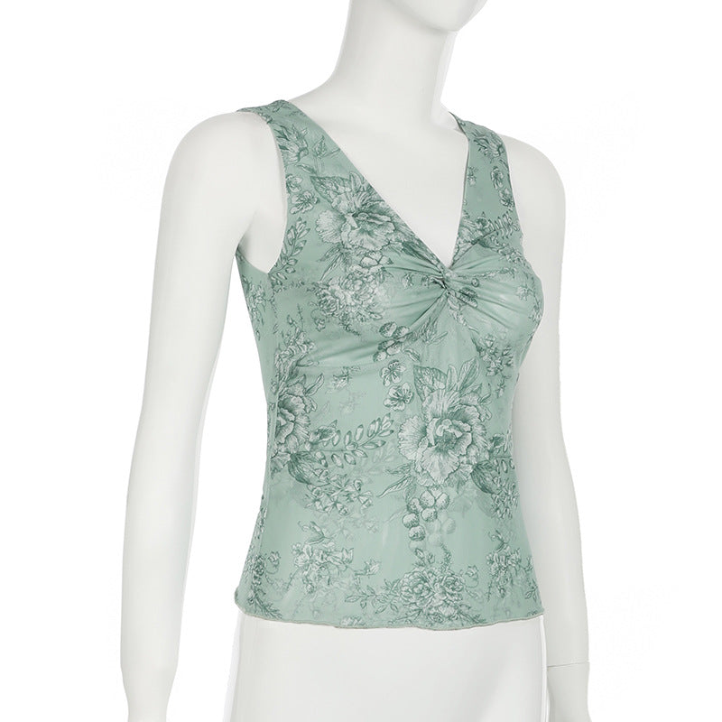 Gilet en maille torsadé à imprimé floral vert menthe avec col en V sexy rétro mince et amincissant sans manches