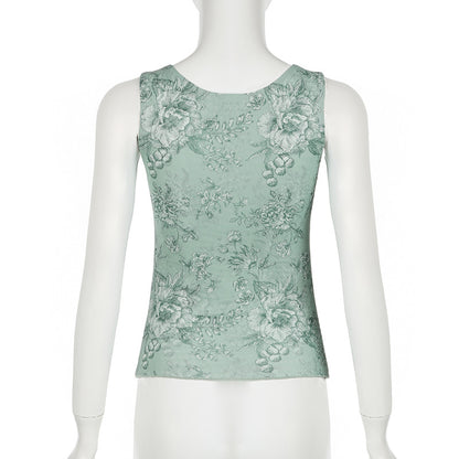 Gilet en maille torsadé à imprimé floral vert menthe avec col en V sexy rétro mince et amincissant sans manches