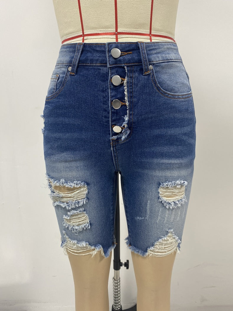 Slim Breasted Denim Shorts Women Street Ripped Burr Tight Short Length Pants