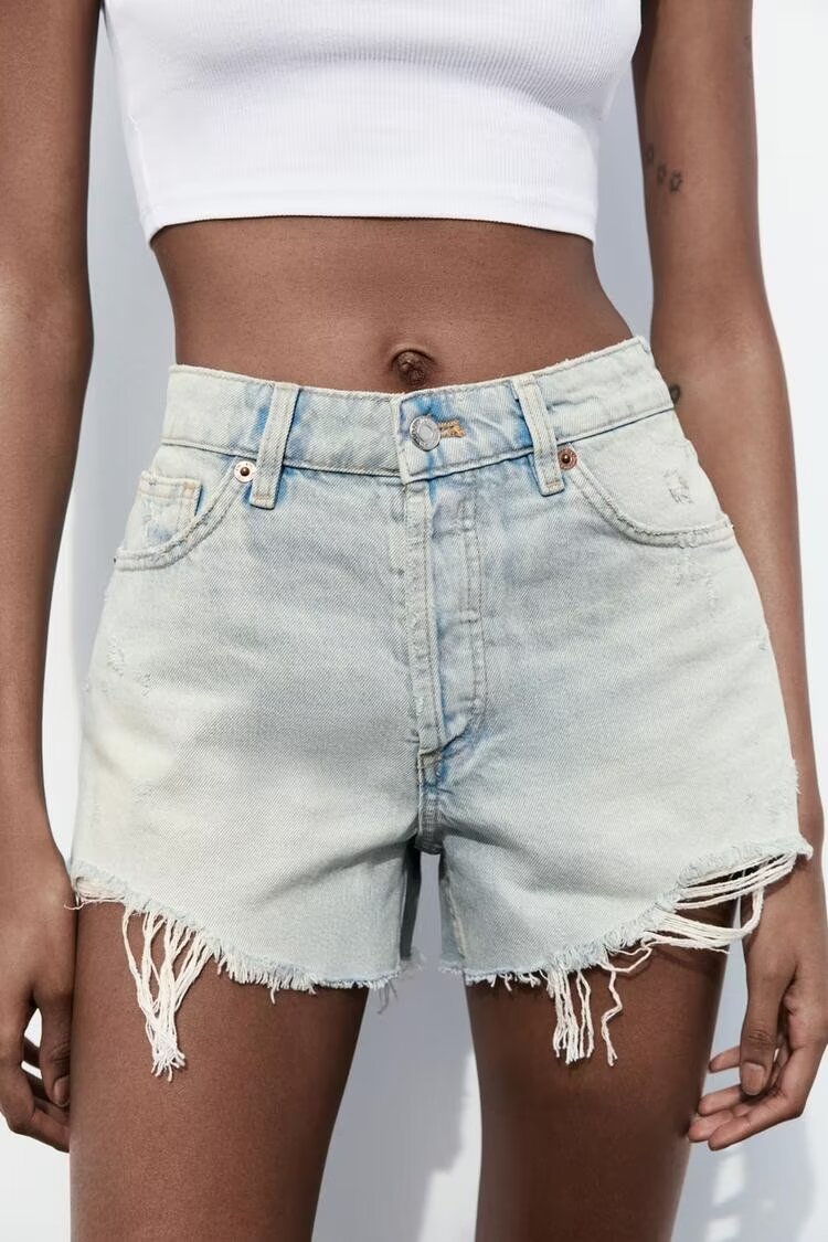 Damenbekleidung Französische perforierte Lochdekoration High Waist Casual Denim Shorts