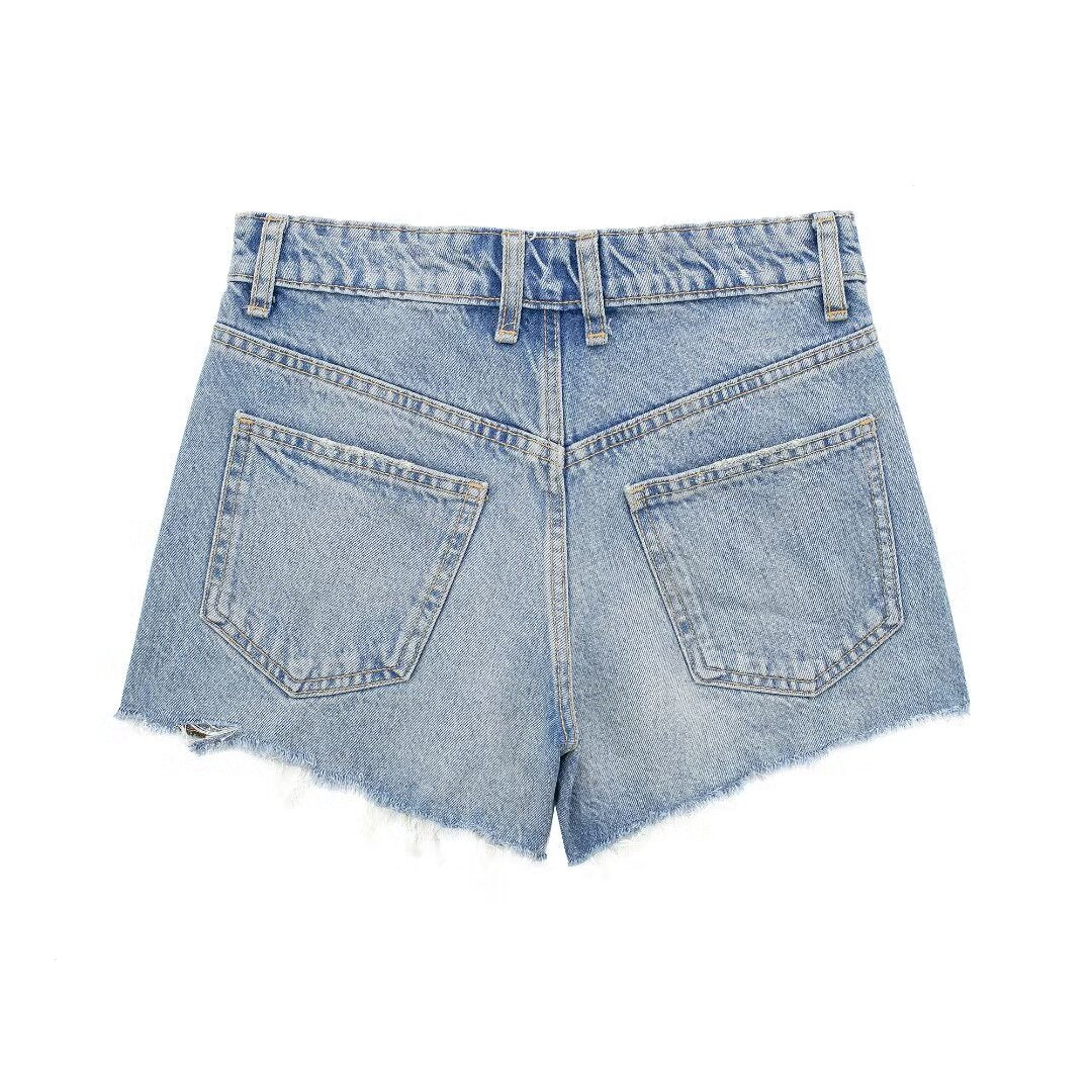 Damenbekleidung Französische perforierte Lochdekoration High Waist Casual Denim Shorts