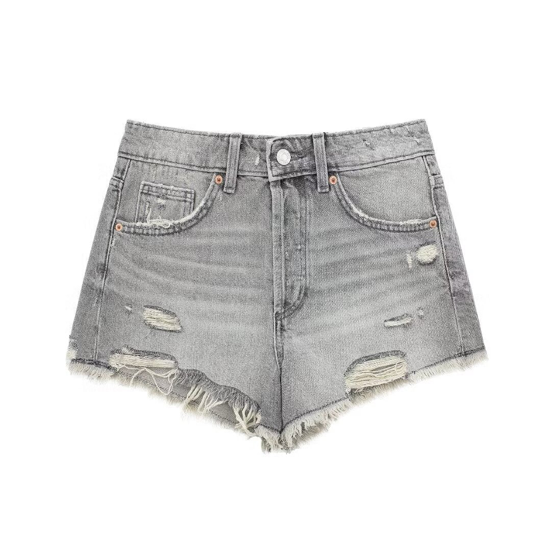 Damenbekleidung Französische perforierte Lochdekoration High Waist Casual Denim Shorts