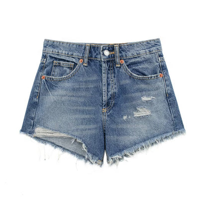 Damenbekleidung Französische perforierte Lochdekoration High Waist Casual Denim Shorts