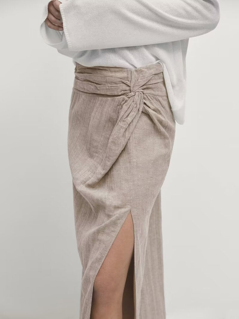 Women Clothing Summer Fashionable with Side Slit Bow Tie Linen Skirt