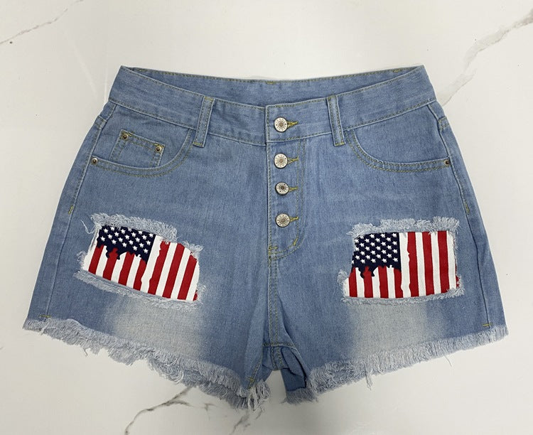 Gerippte Denim-Shorts mit Aufnähern und Aufnähern für Damen