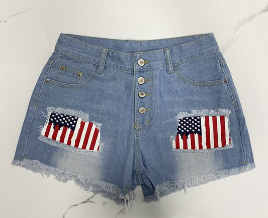 Gerippte Denim-Shorts mit Aufnähern und Aufnähern für Damen