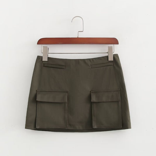 Retro Workwear Skirt Summer High Waist Pocket Skirt Women