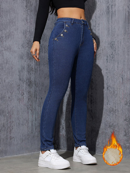 Fleece Lined Thickened Composite Women Denim Stretch Tappered Pencil Pants Elastic Trend Commuting Slimming Casual Pants