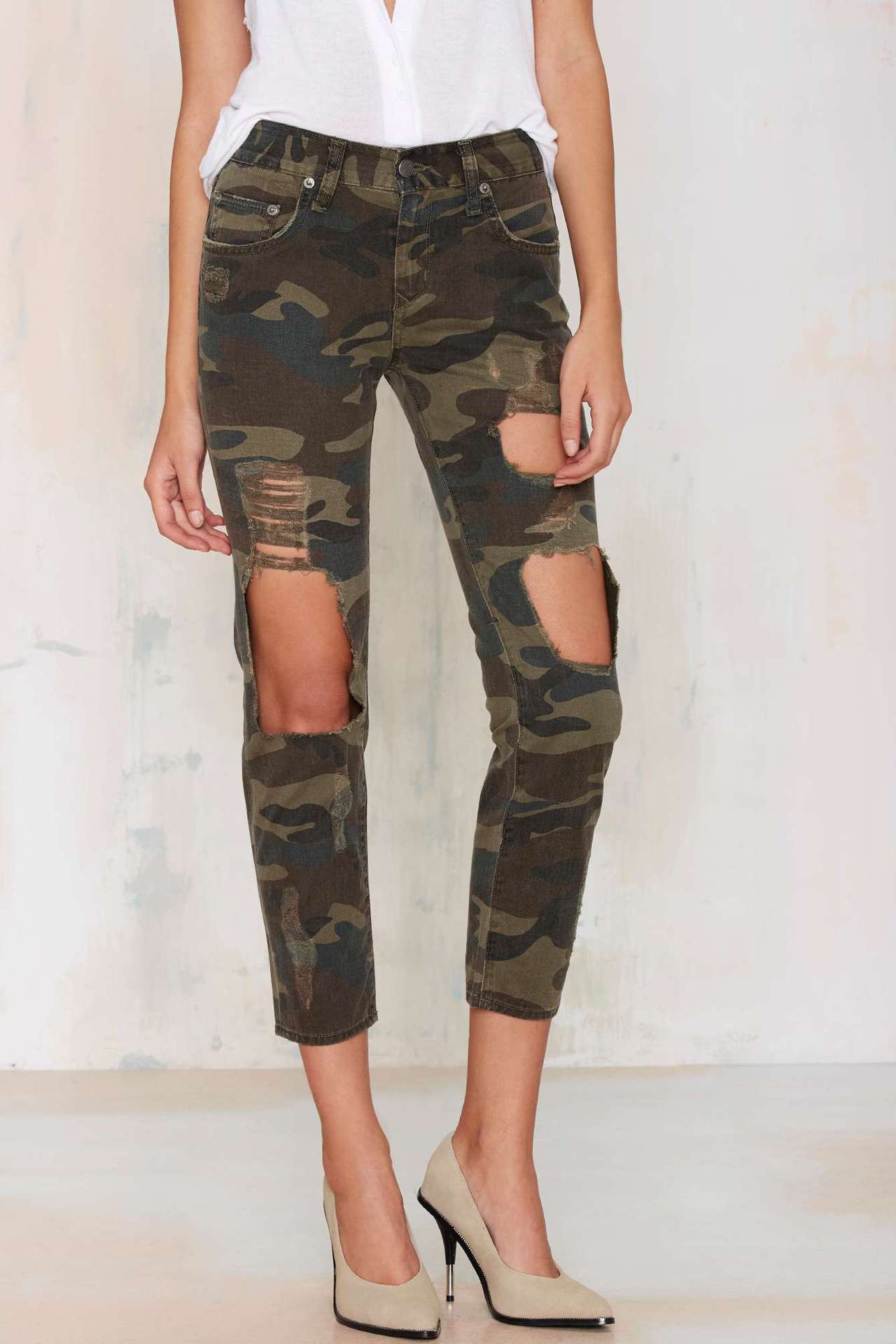 Boyfriend Damen Kleidung Damen High Waist Loose Wave Camouflage Ripped Cropped Jeans