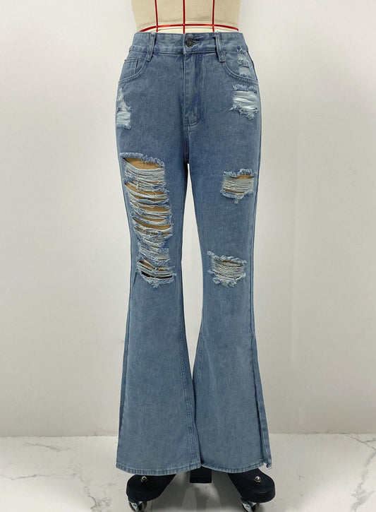 Pantalon en jean taille haute pour femme avec trous cassés et micro-pull fendu