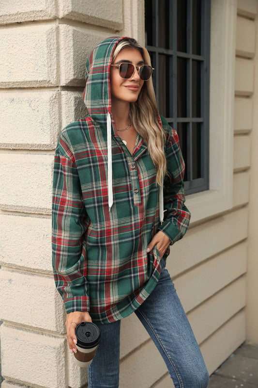 Herbst Winter Lose Langarm Mit Kapuze Taste Plaid Mantel Sweatshirt Frauen