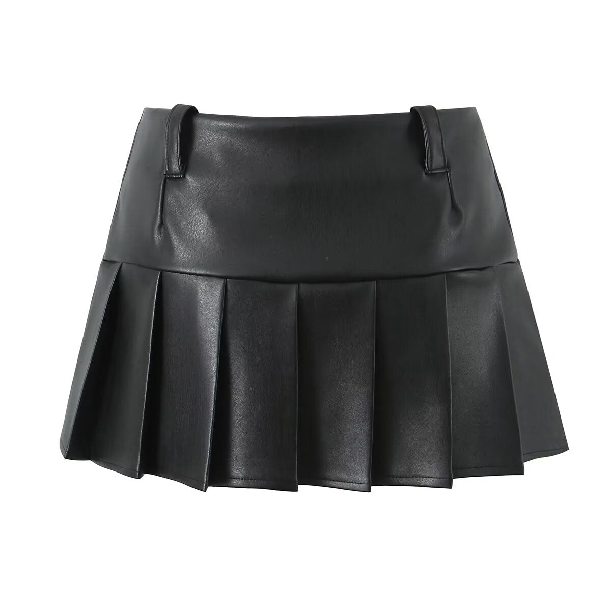 Street Sexy Low Waist Skirt Women Design Stitching Anti Exposure A line Pleated Miniskirt Leather Skirt