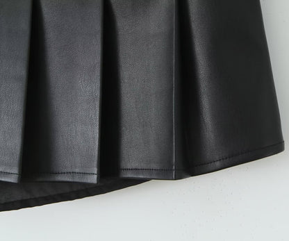 Street Sexy Low Waist Skirt Women Design Stitching Anti Exposure A line Pleated Miniskirt Leather Skirt