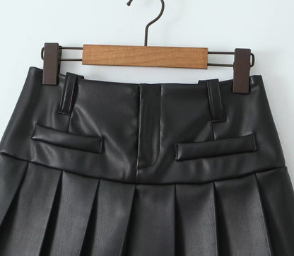 Street Sexy Low Waist Skirt Women Design Stitching Anti Exposure A line Pleated Miniskirt Leather Skirt