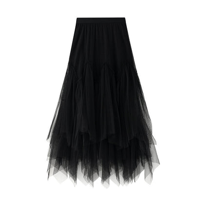 Skirt Autumn Winter Women Mid-Length A line Skirt Tulle Tutu Skirt Long Skirt Mesh Fresh Irregular Asymmetric Pleated Skirt