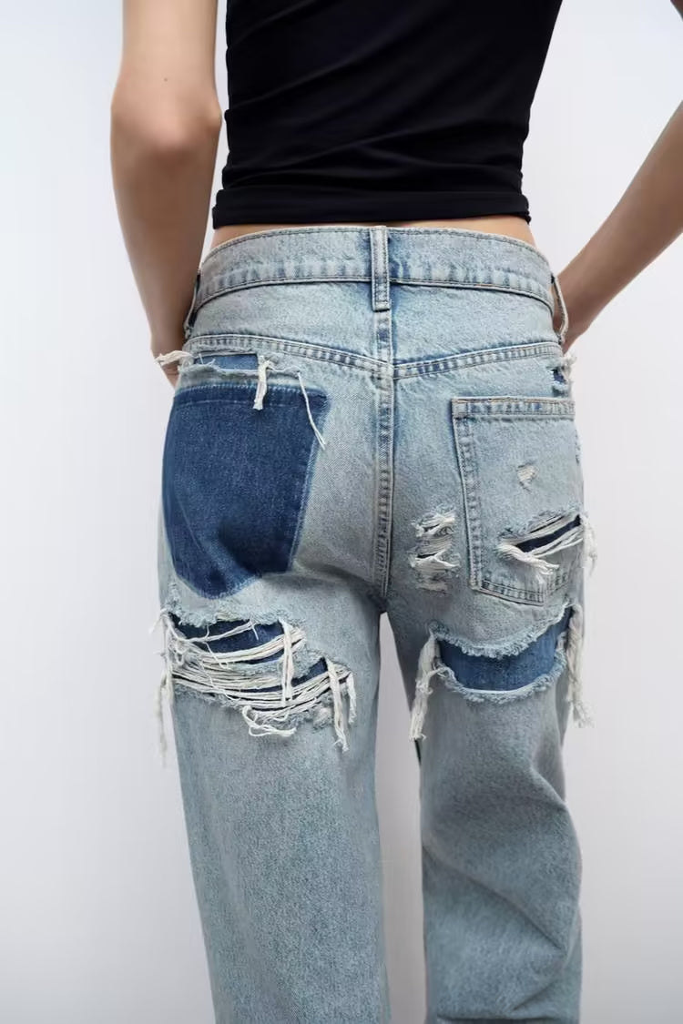 Pantalon droit taille haute rétro pour femme, jean ample avec décoration de trous perforés