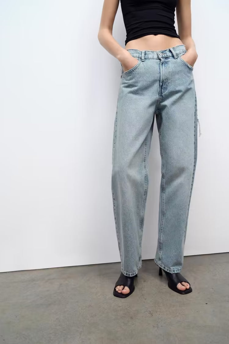 Pantalon droit taille haute rétro pour femme, jean ample avec décoration de trous perforés