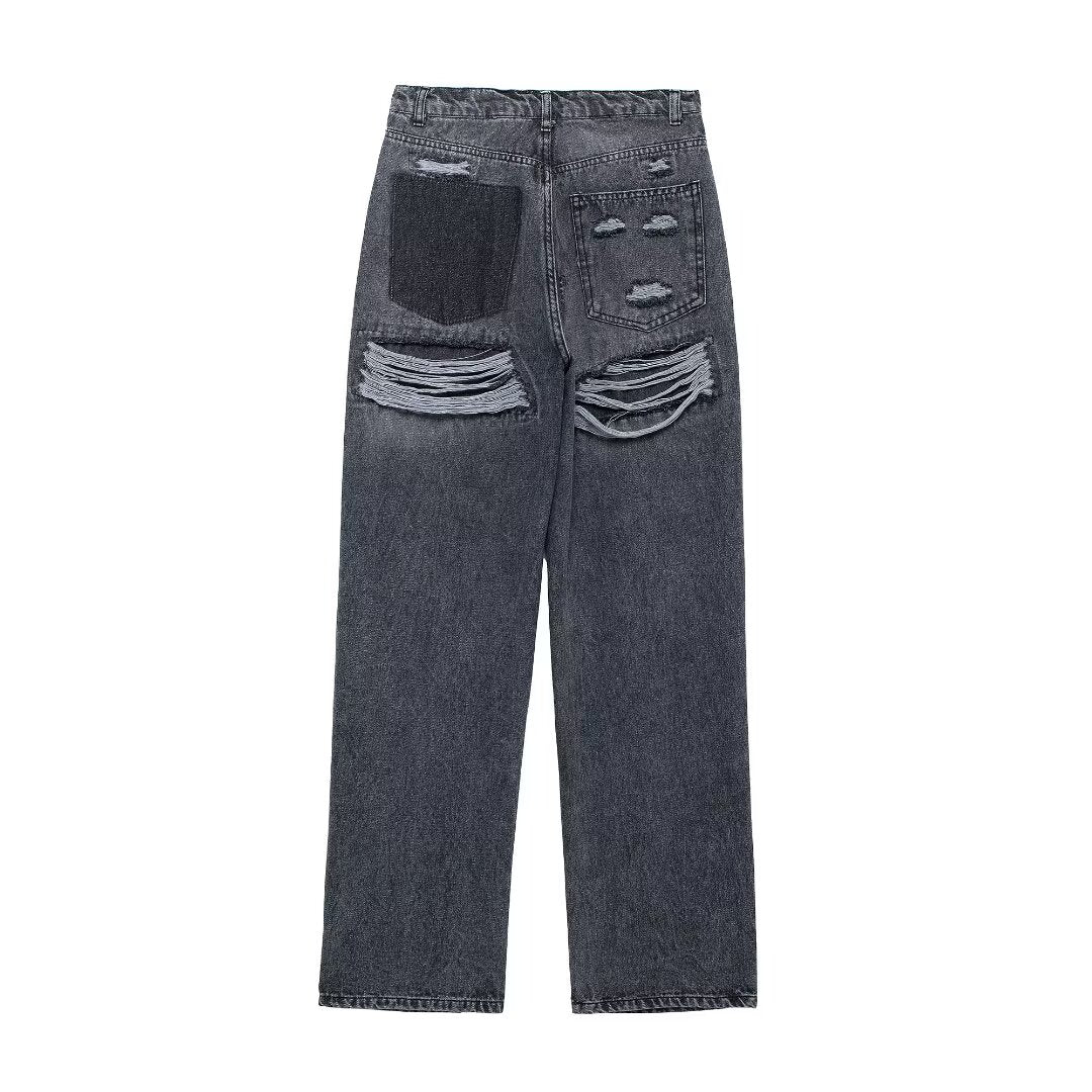 Pantalon droit taille haute rétro pour femme, jean ample avec décoration de trous perforés