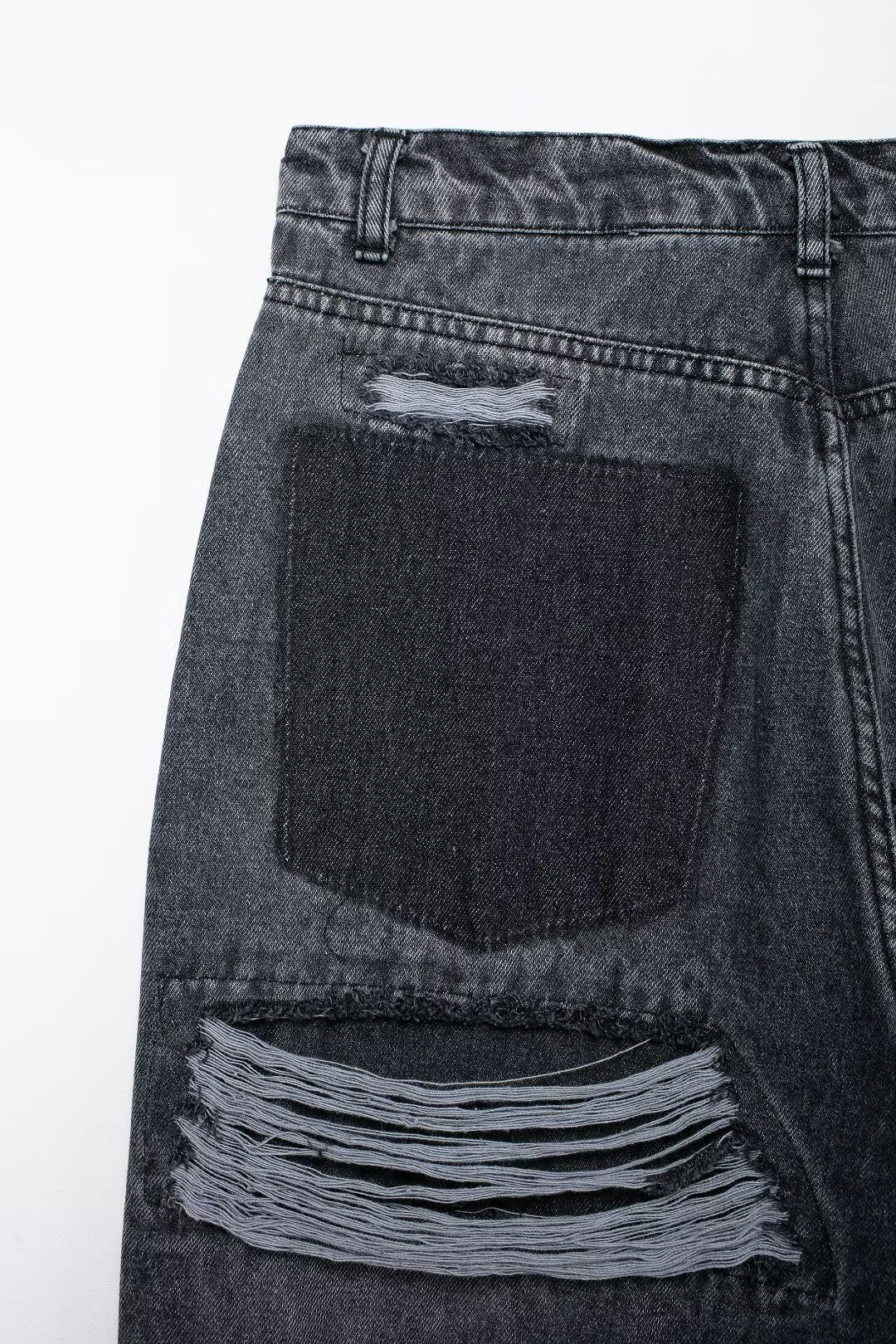 Pantalon droit taille haute rétro pour femme, jean ample avec décoration de trous perforés