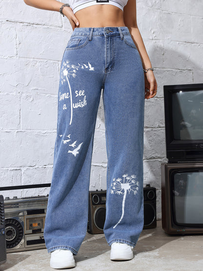 Women Printing Stylish Jeans Women High Waist Baggy Straight Trousers