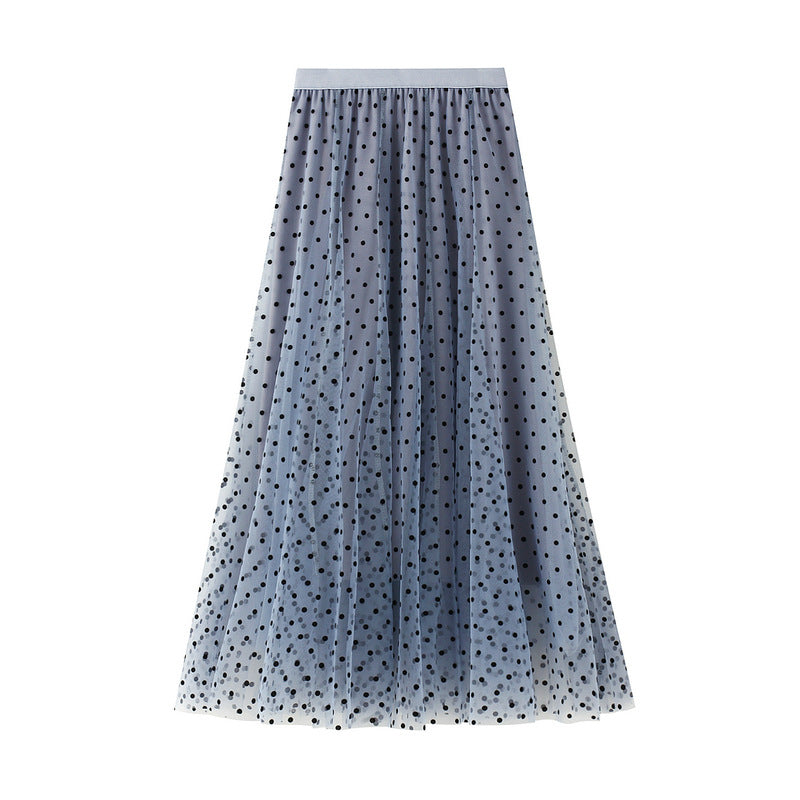 Slimming Cover Skirt Flocking Dot Mesh Skirt A Line Fishtail Skirt Mid Length Autumn Winter