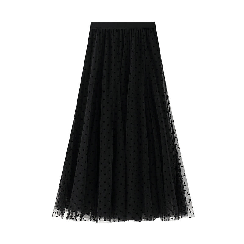 Slimming Cover Skirt Flocking Dot Mesh Skirt A Line Fishtail Skirt Mid Length Autumn Winter