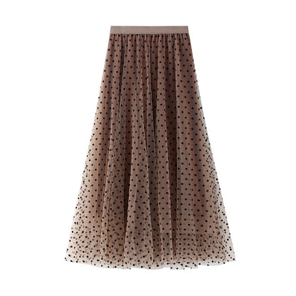 Slimming Cover Skirt Flocking Dot Mesh Skirt A Line Fishtail Skirt Mid Length Autumn Winter