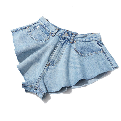 Short en jean à ourlet volanté printemps été, pantalon large et large, fausse culotte