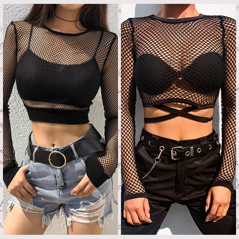 Vêtements pour femmes Sexy Grid Transparent Femmes Tops Manches longues T-shirt moulant Dames