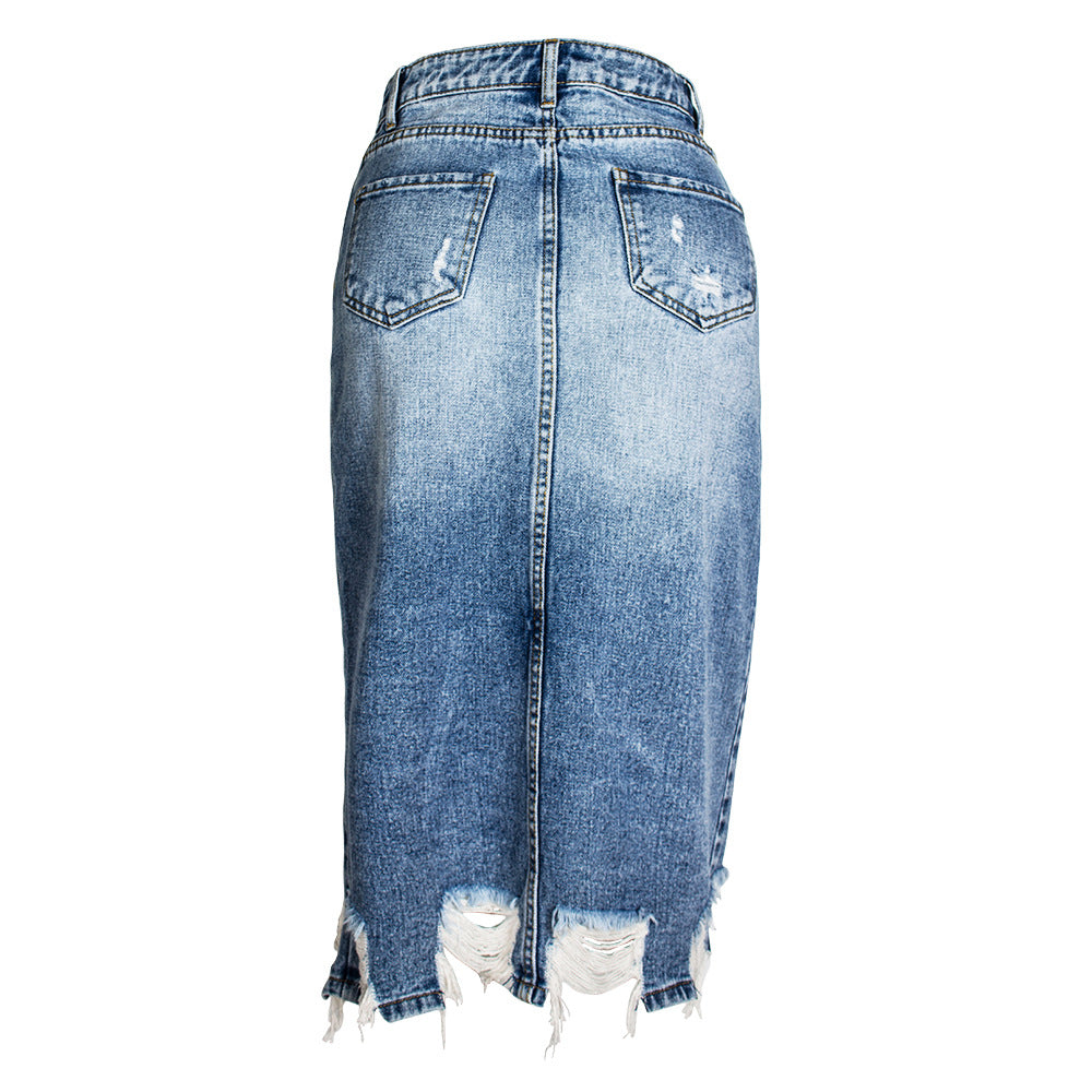 Jupe en jean déchirée à franges asymétriques irrégulières pour femmes Jupe mi-longue