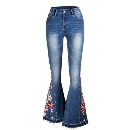 Pantalon en denim à pattes d'éléphant pour femme, broderie machine 3D, pantalon large en denim d'automne pour femme