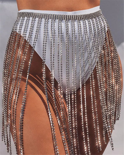 Criss Cross Mirror Nightclub Women Shiny Rhinestone Sexy Tassel Chain Stage Skirt