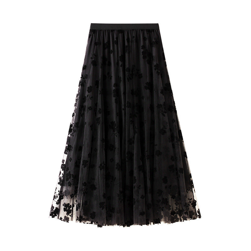 Flocking Mesh Skirt Women Summer Mid-Length Slimming Draping Gauze Skirt Super-Fairy Fairy Pleated Skirt