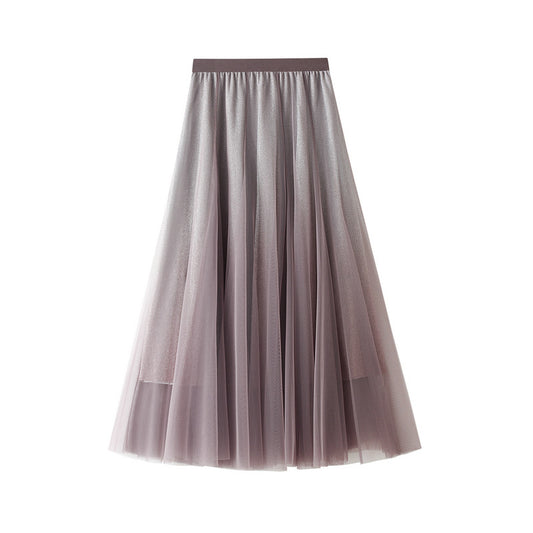 Gradient Color Bright Silk Gauze Skirt Women Skirt A Line Skirt High Waist Big Swing Mesh Pleated Skirt Midi Dress