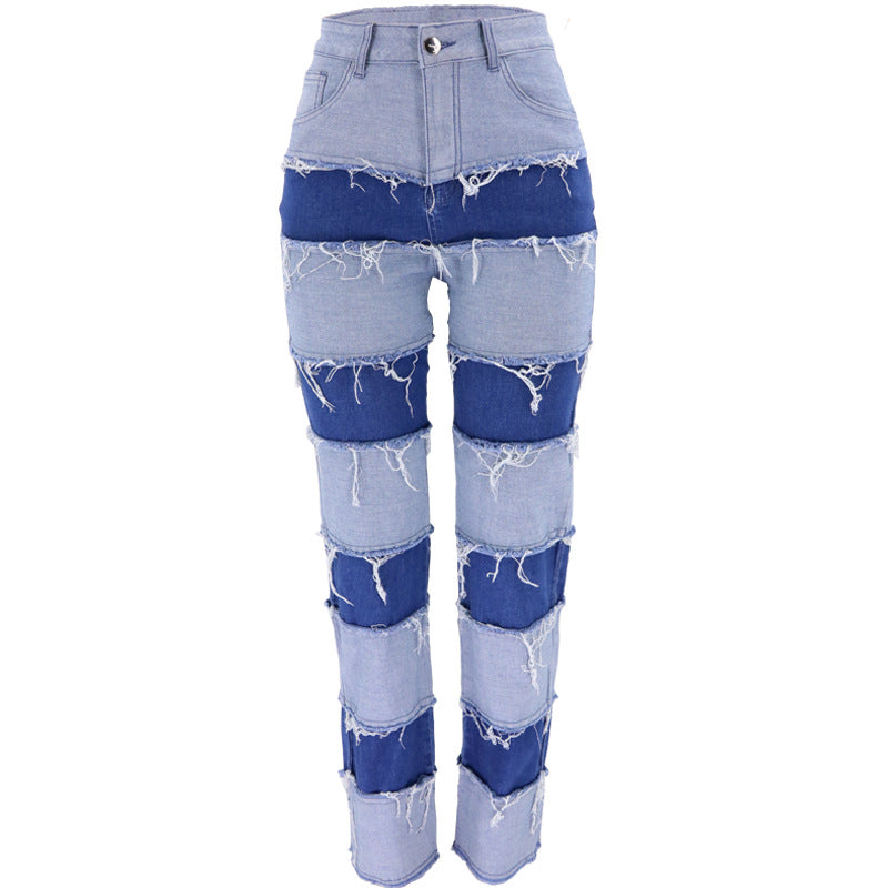 High Waist Tight High Elasticity Stitching Wide-leg Pants Women Denim Trousers