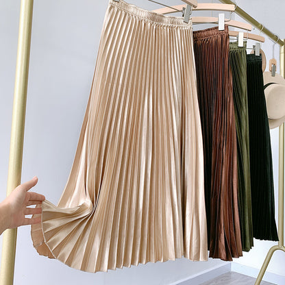 Metallic Coated Fabric High Waist Satin Pleated Skirt Spring Summer Women Retro Mid-Length Slimming A- line Skirt