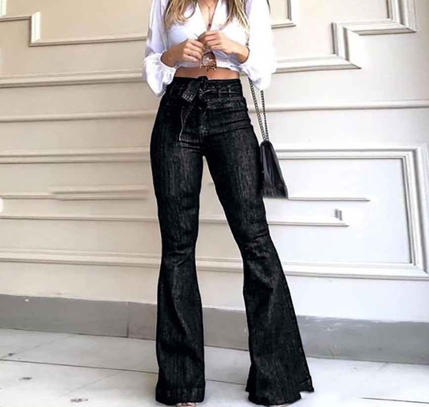 High Waist Hip Lift Lace Up Bell Bottom Pants Wide Leg Pants Jeans Women