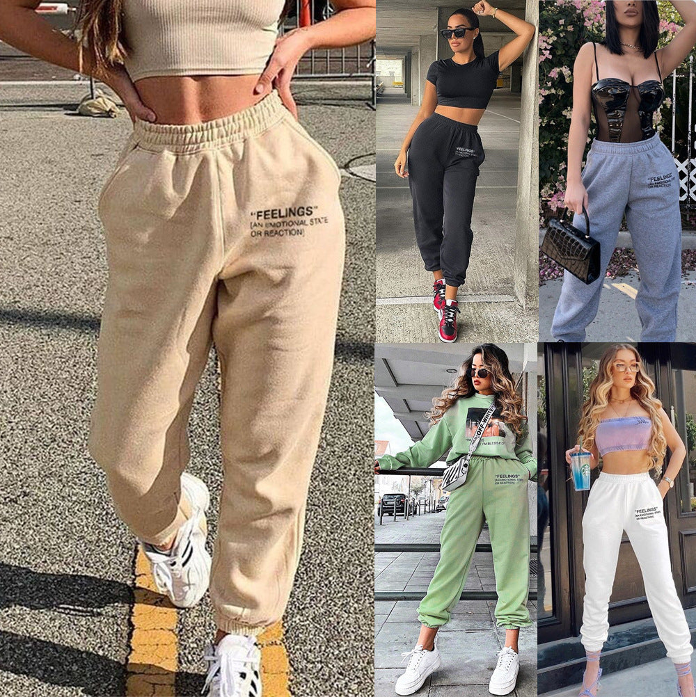 Summer Autumn Solid Color Slim Casual Pants Women Elastic Waistband Letter Graphic Printed Sweatpants