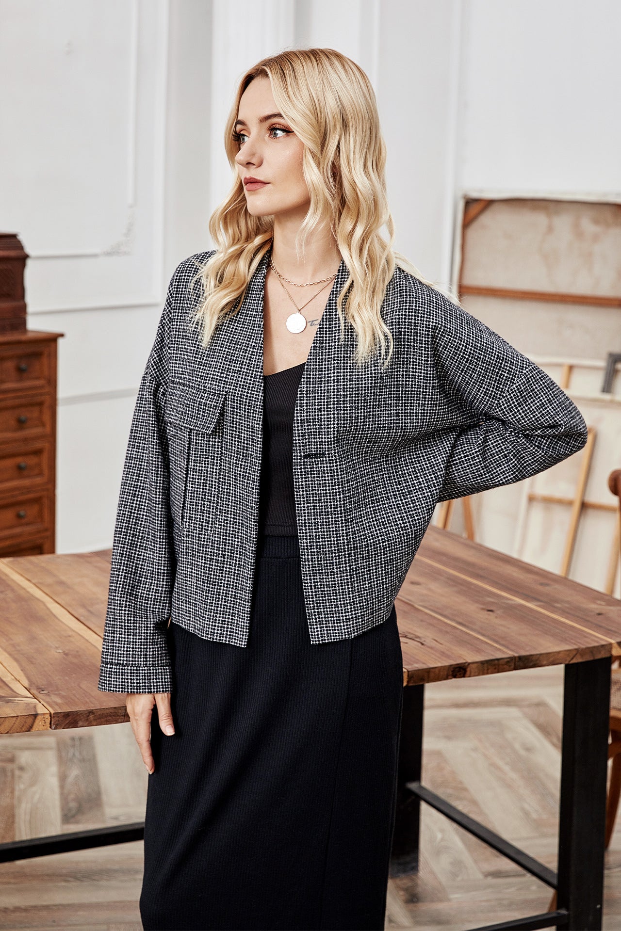 Veste courte pour femme, cardigan tup sans col à carreaux à manches longues et col ample coréen pour femme