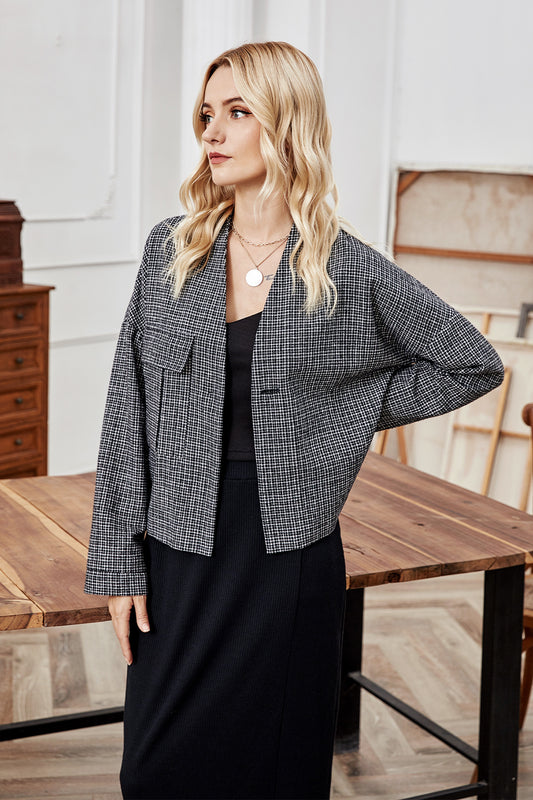 Veste courte pour femme, cardigan tup sans col à carreaux à manches longues et col ample coréen pour femme