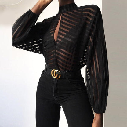 Sexy Mesh Stripes Long Sleeve Black Tee Women Clothing