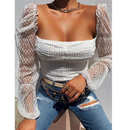 Multi-Color Square Collar Slimming Mesh See-through Lace Shirt Autumn Winter