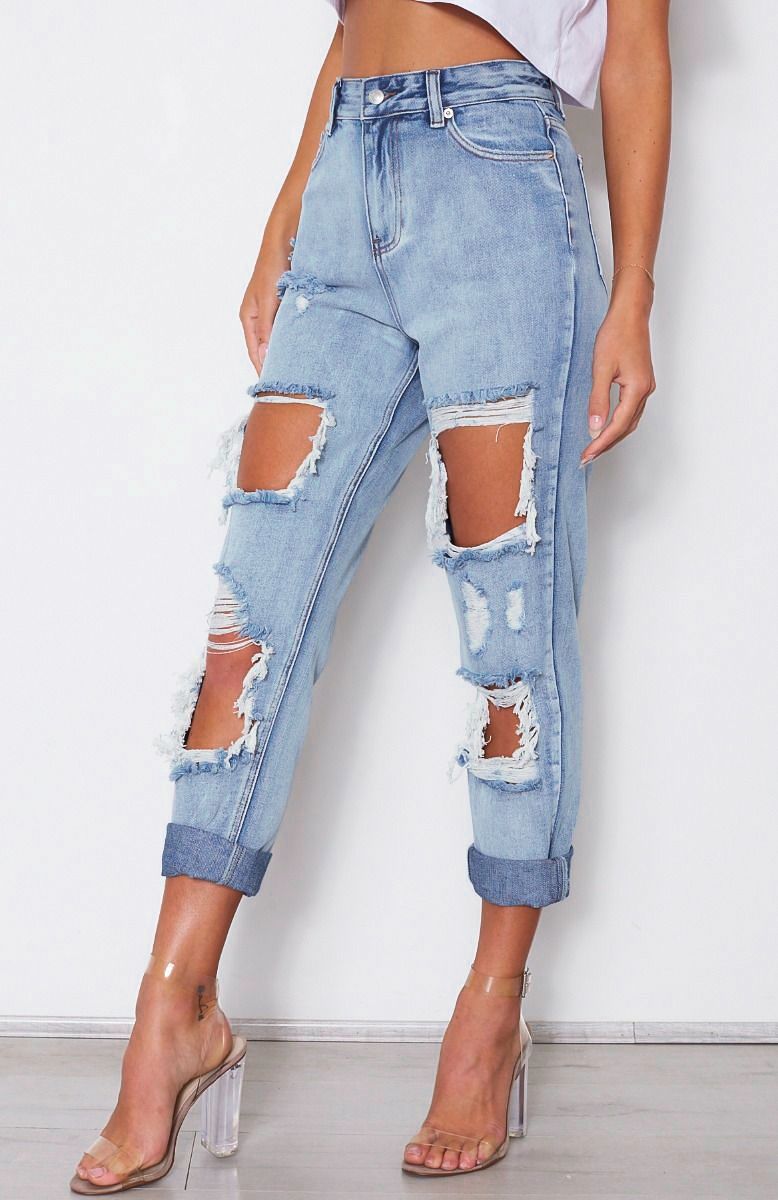 Vêtements pour femmes taille haute ample délavé denim irrégulier asymétrique déchiré pantalon